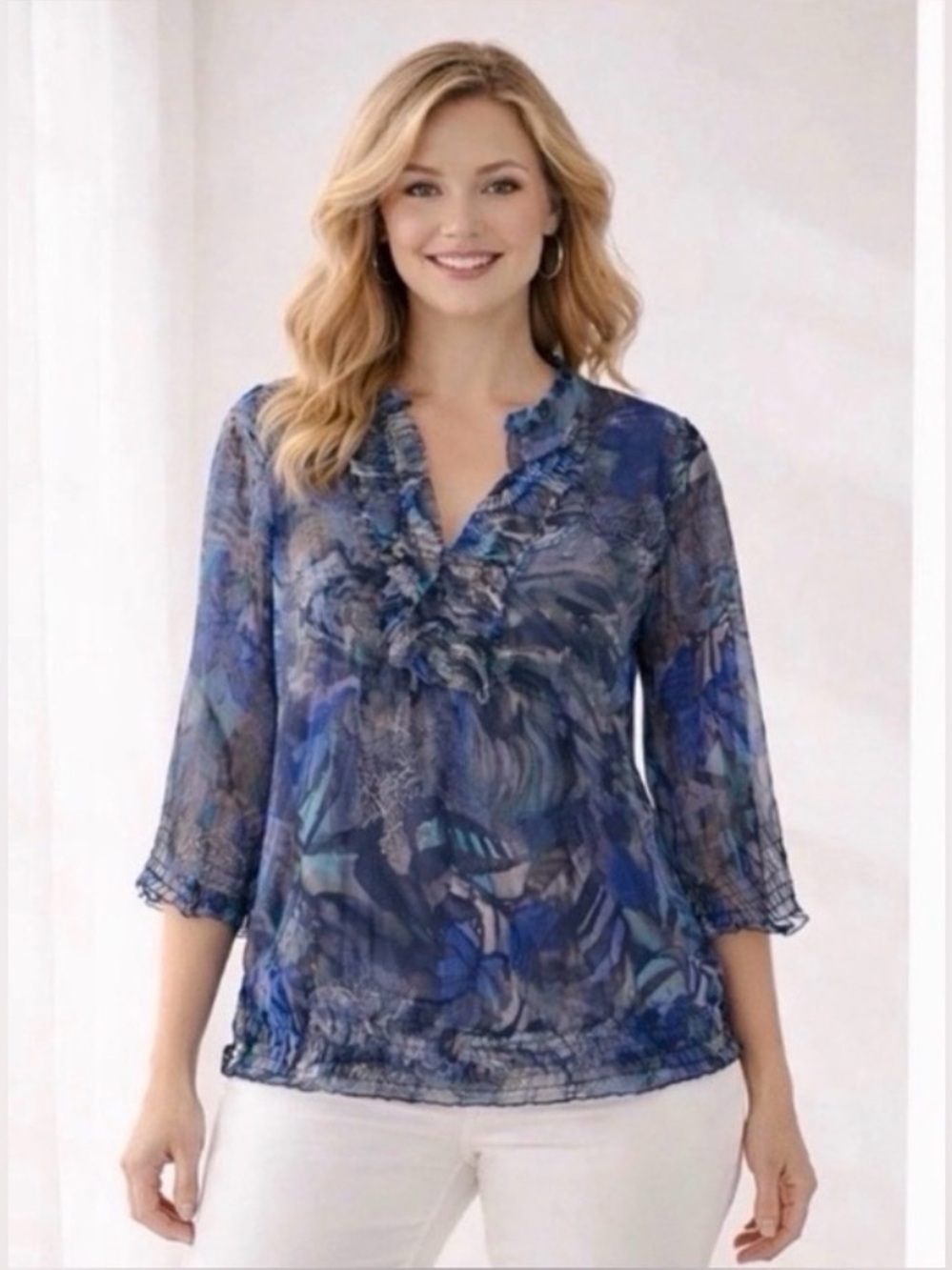 Blue Velvet Nordstrom Sheer Ruffle Blouse 2X Boho Floral Top Blue Teal Plus Size